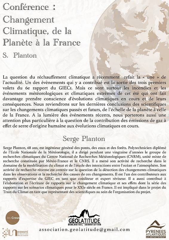 Verso Affiche Confrence de Serge Planton sur le changement climatique le jeudi 17 novembre